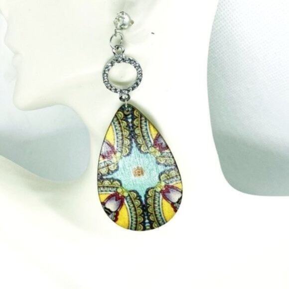 Silver-Tone Rhinestone Painted Wood Dangle Earring - Picture 1 of 6